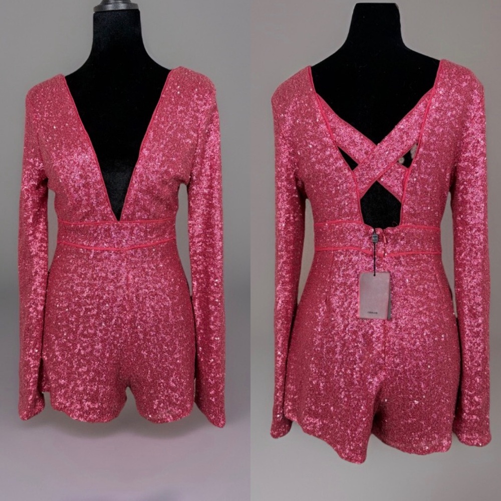 NBD Pink Sequin Long Sleeve Deep V Romper Jumpsuit